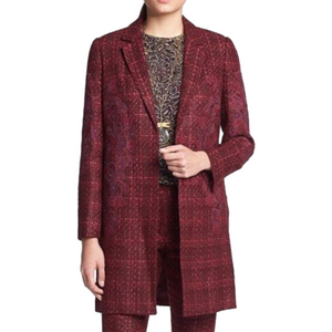Tory Burch Patsy Glazed Tweed dark plum long line coat Size 2 appliqué embellish